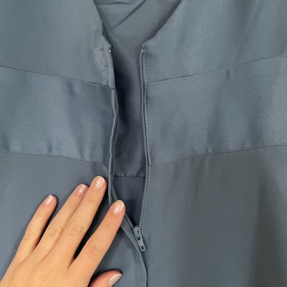 David's Bridal // Steele Blue Spaghetti Strap Satin Top Chiffon Bridesmaid Dress - Picture 4 of 7